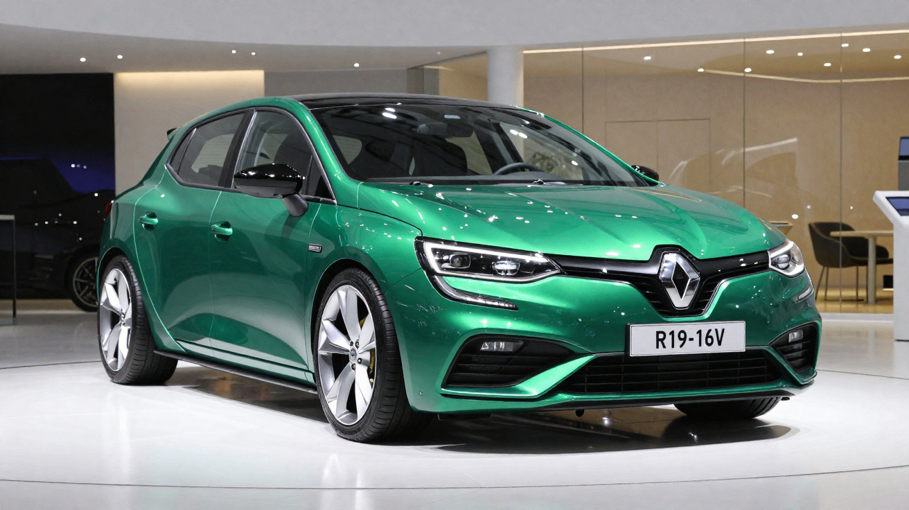 Carro desportivo verde metálico Renault estacionado em exposição interior moderna.
