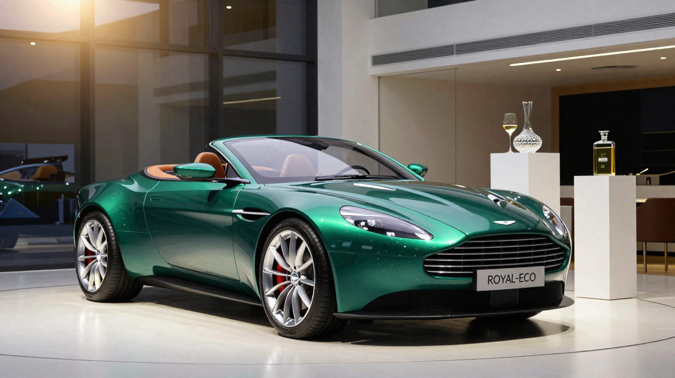 Carro desportivo verde metálico conversível num showroom com interior moderno e iluminação suave.