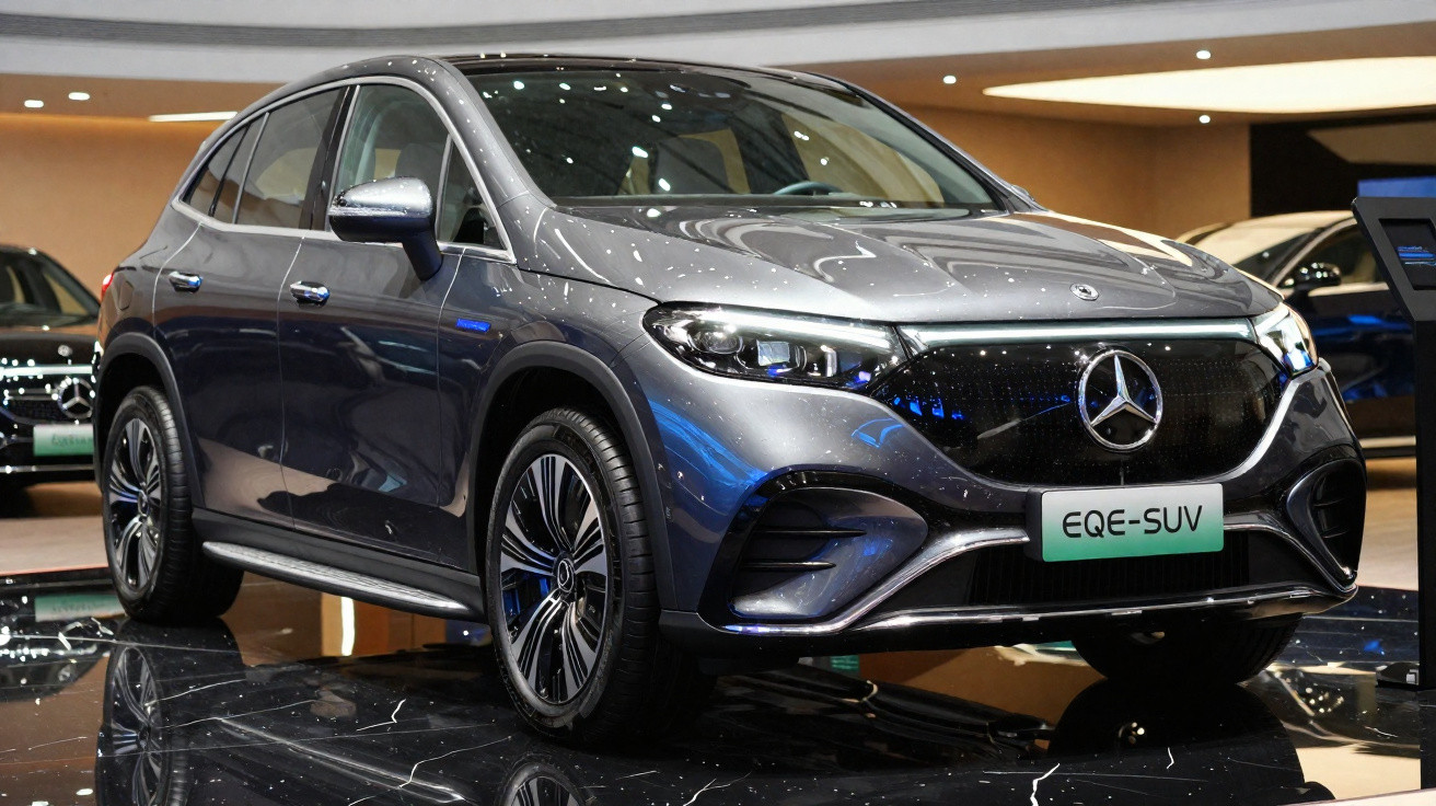 Carro elétrico Mercedes-Benz EQE SUV cinzento exposto num salão automóvel com chão refletor.