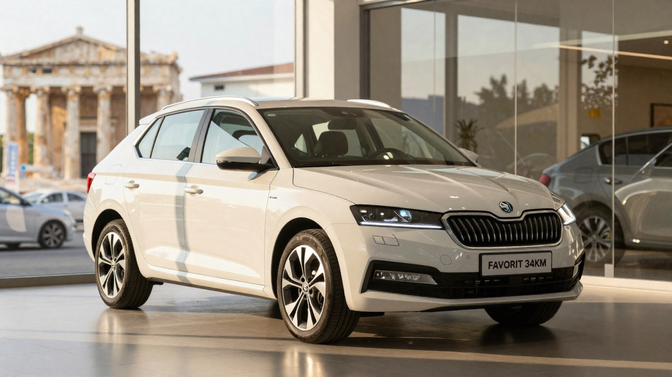 Automóvel branco Škoda Favorit 34KM estacionado em salão de exposição com fundo de edifício antigo.