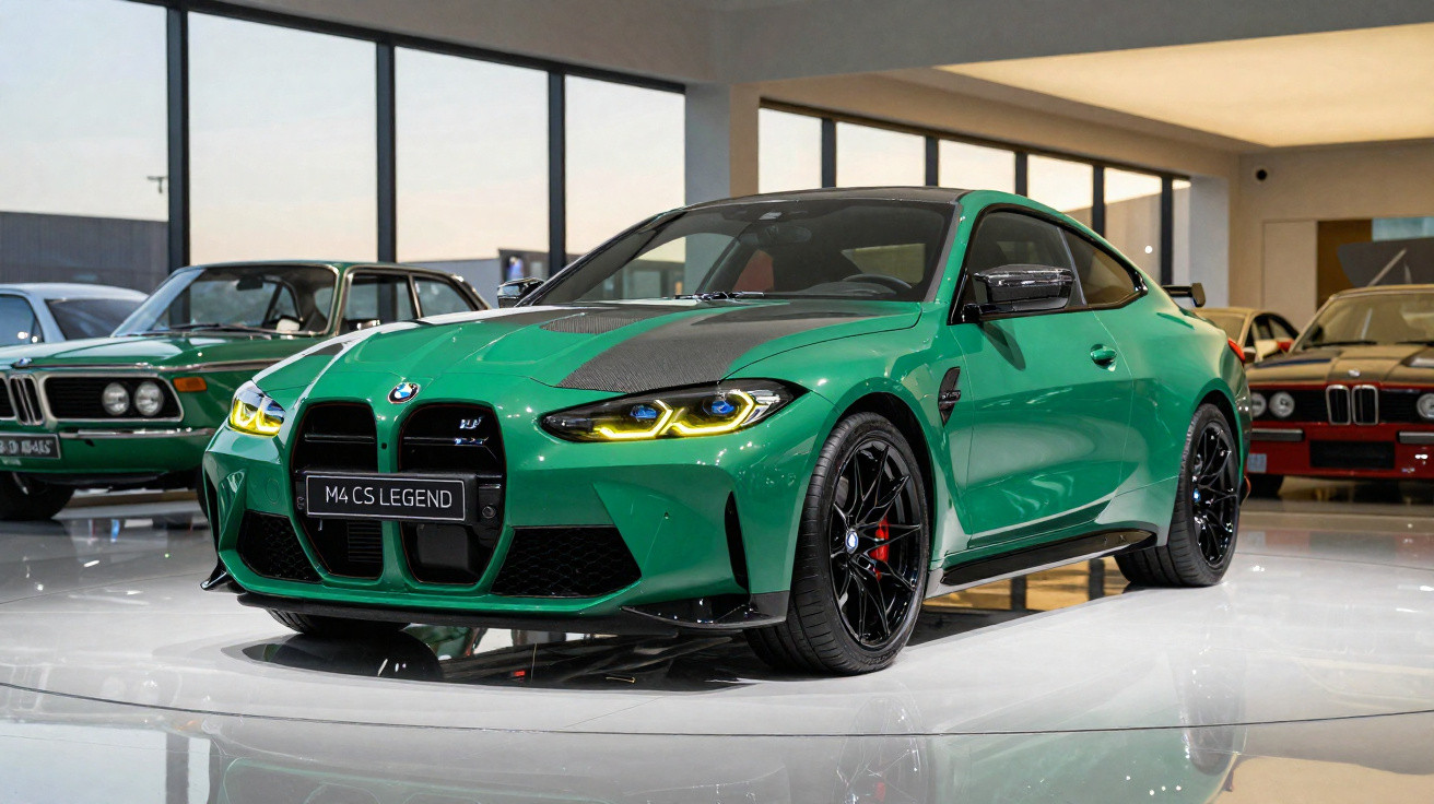 Carro verde BMW M4 CS Legend em exposição, com faróis dianteiros acesos e detalhes em preto.