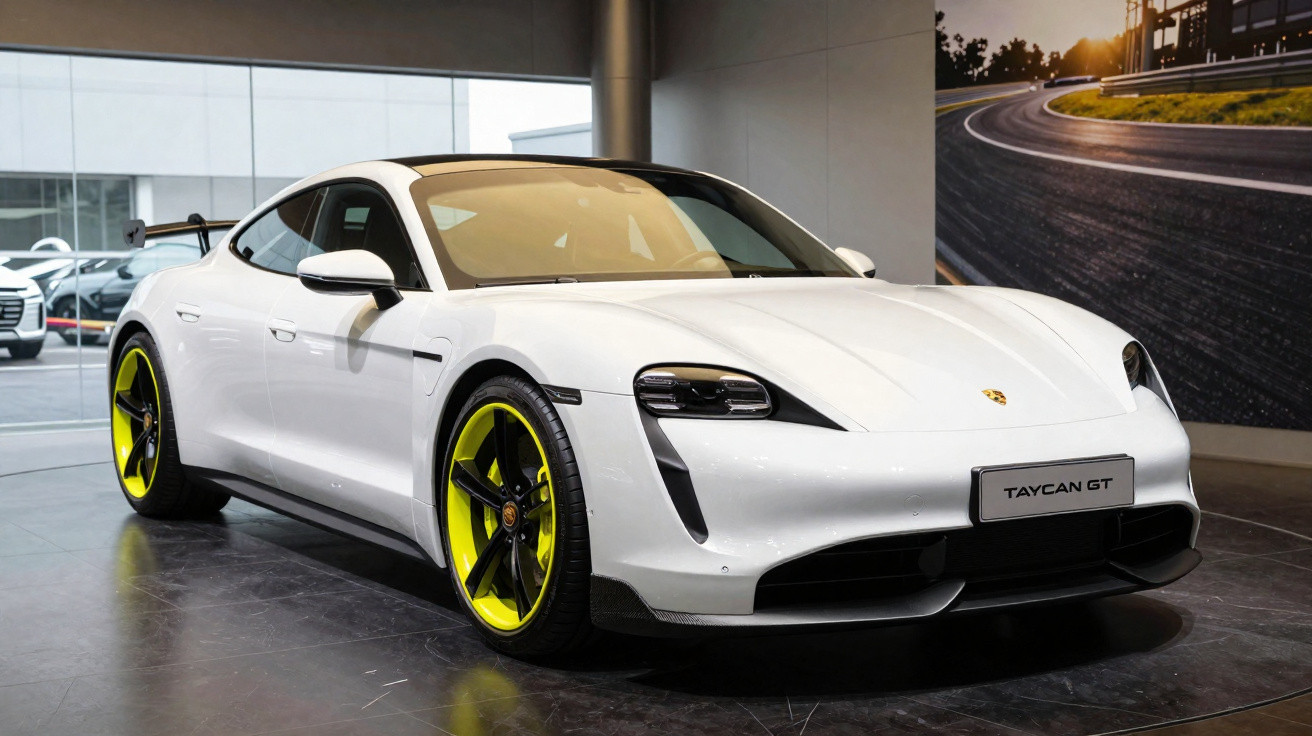Carro desportivo elétrico Porsche Taycan GT branco com jantes amarelas exposto em salão automóvel.