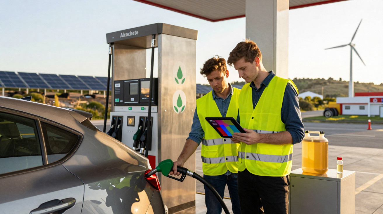 Dois trabalhadores com coletes reflexivos abastecem carro num posto de combustível sustentável com painéis solares e turbina 