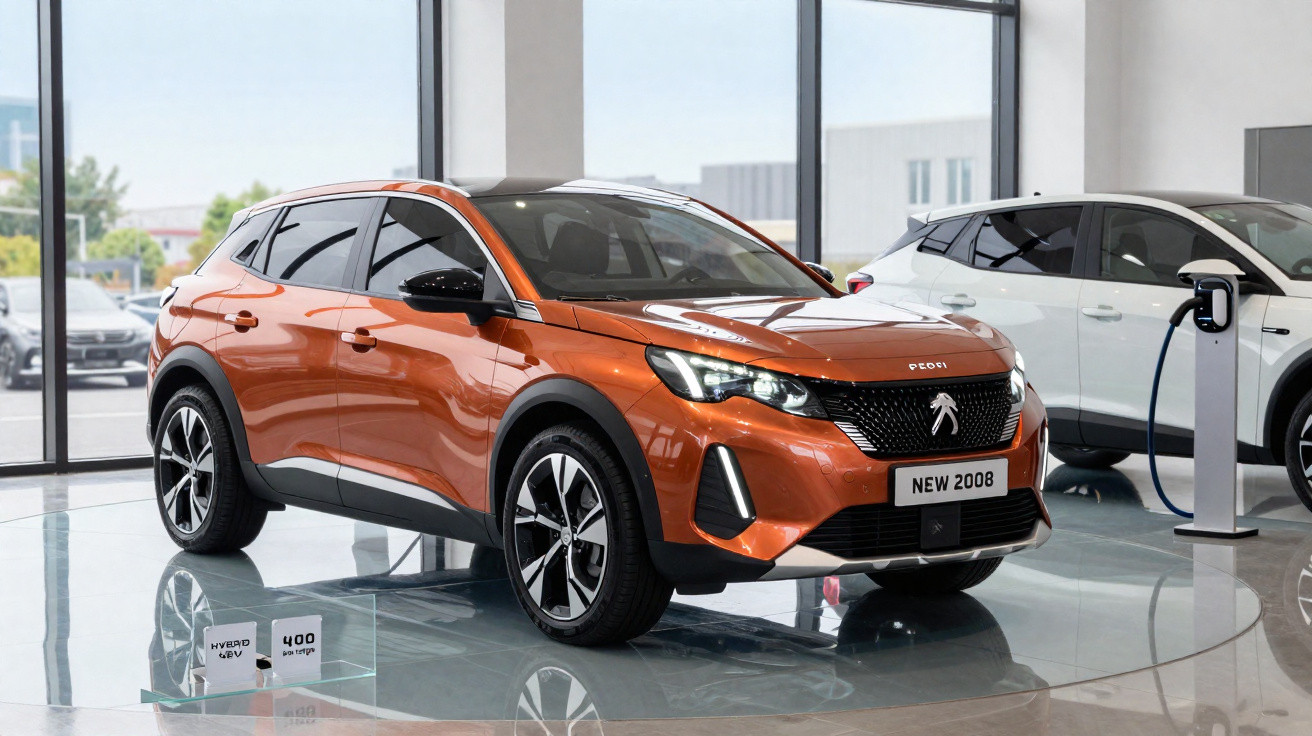 Peugeot 2008 laranja exposto numa nova concessão com um veículo branco ao lado em estação de carregamento elétrico.