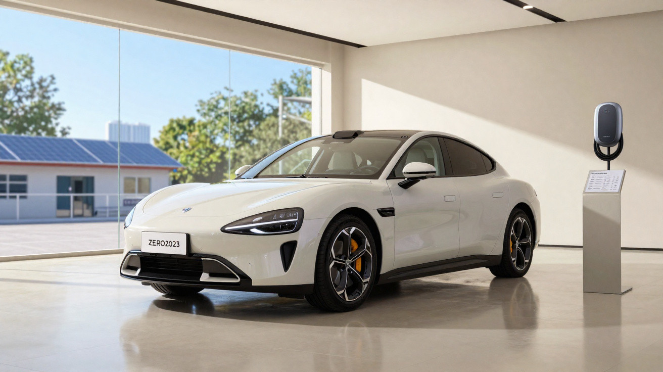 Carro elétrico branco moderno estacionado em sala de exposição ampla com grandes janelas.