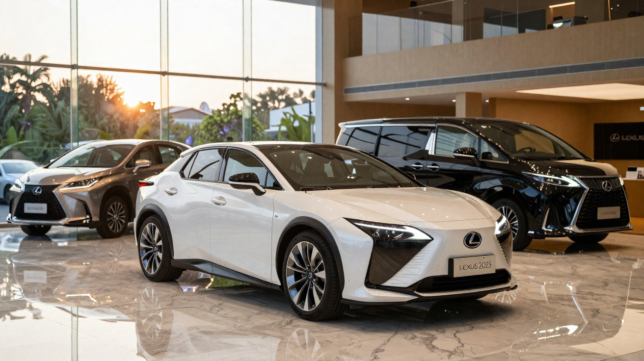 Três carros Lexus novos expostos num salão com piso de mármore e grandes janelas ao pôr do sol.