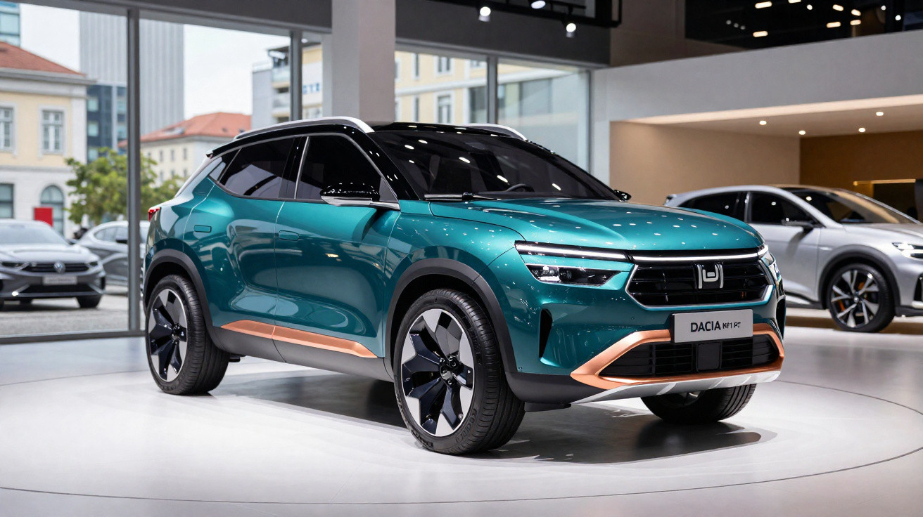 Carro SUV elétrico Dacia Spring na cor verde com detalhes em cobre exposto em salão automóvel.