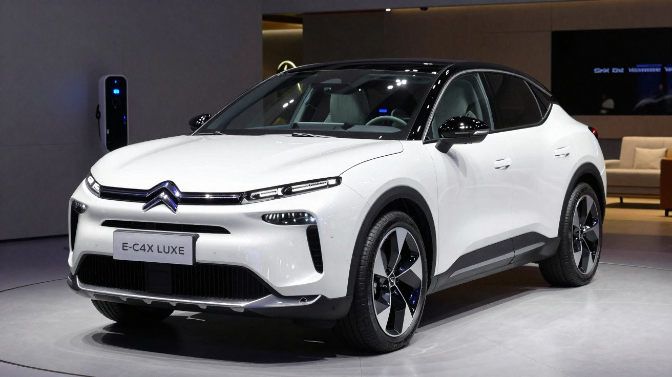 Automóvel elétrico Citroën E-C4X Luxe branco exposto em salão automóvel, com estação de carregamento ao fundo.