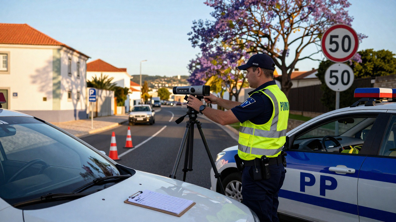 Polícia a controlar a velocidade dos veículos numa rua urbana com radar portátil e sinal de limite a 50 km/h.