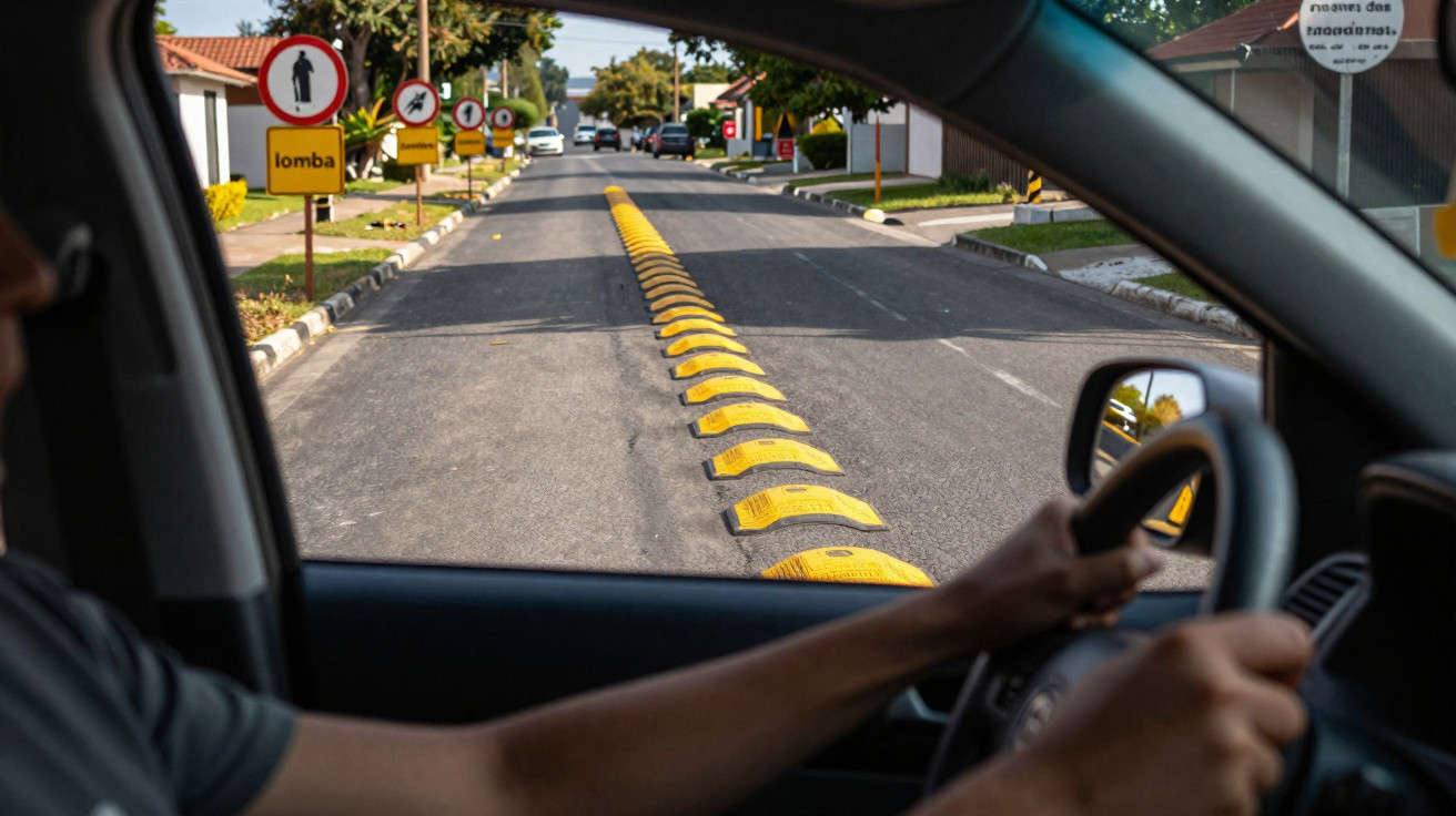 Condutor dentro de carro observa lombadas amarelas e vários sinais de trânsito numa rua residencial.