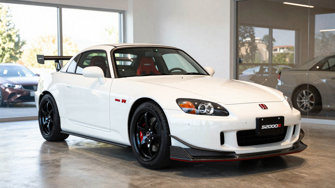 Carro desportivo Honda S2000 R branco com jantes pretas, em exposição em garagem iluminada.