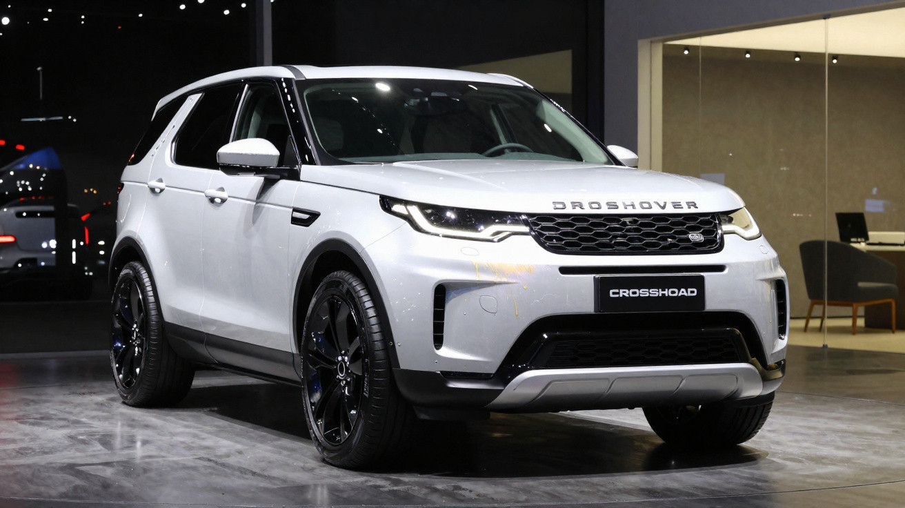 Carro SUV branco DROSHOVER Crosshoad estacionado em ambiente interior moderno e iluminado.