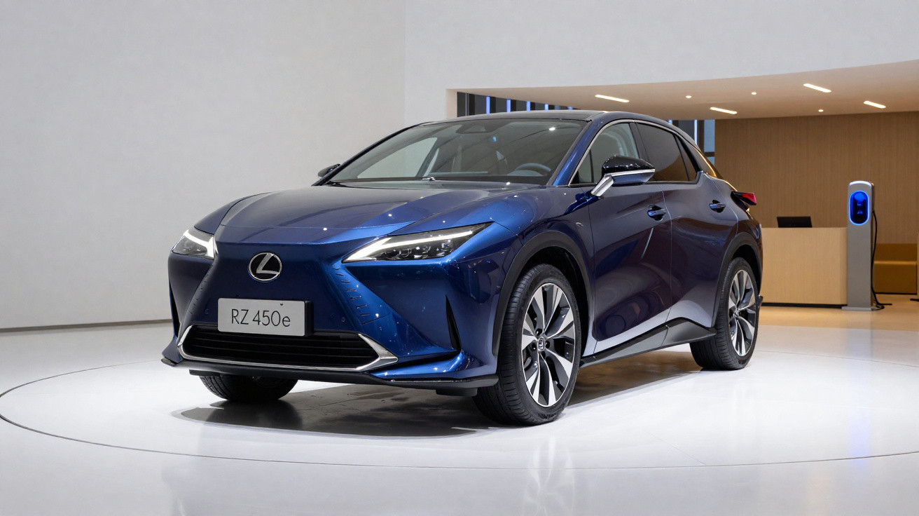 Carro elétrico Lexus RZ 450e azul exposto em ambiente moderno com carregador visível ao fundo.