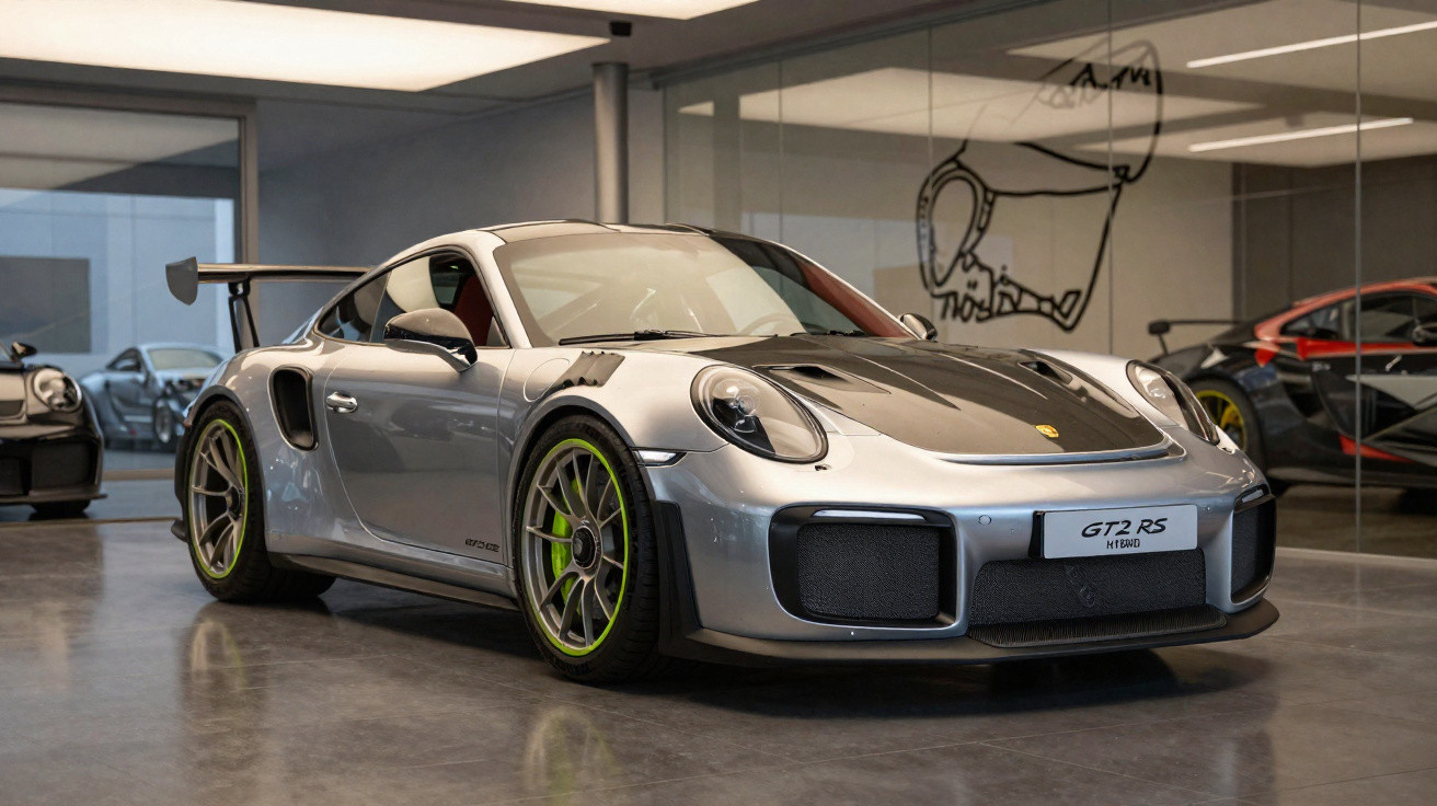 Carro desportivo prata Porsche GT2 RS estacionado em exibição dentro de garagem moderna.