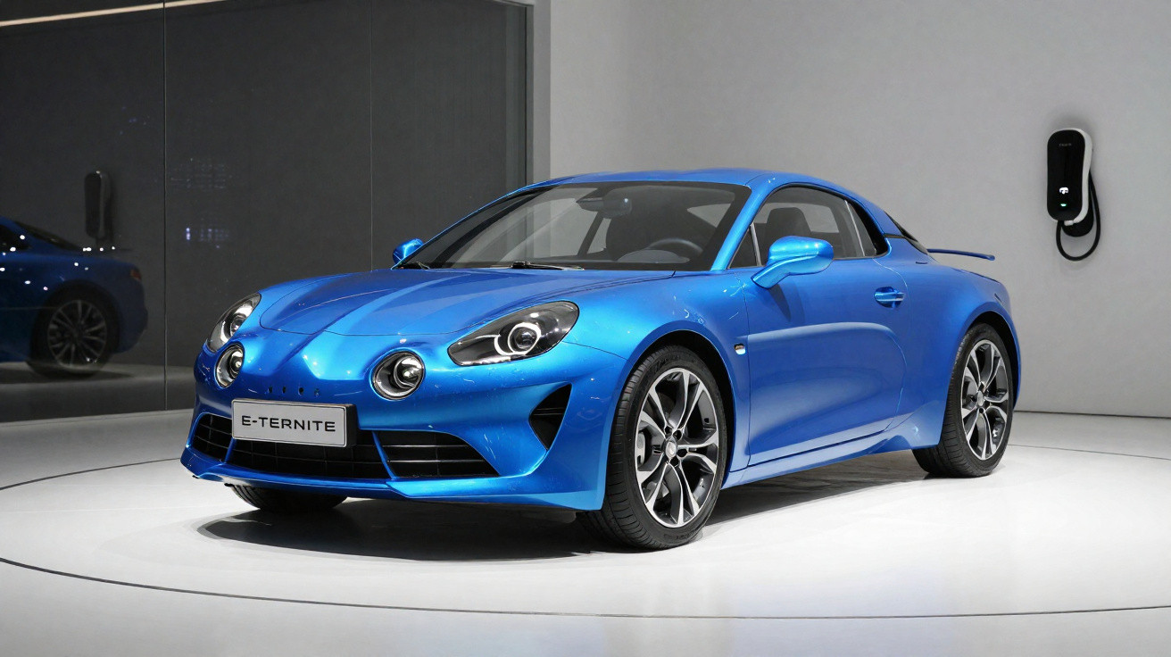 Carro desportivo elétrico azul em exposição num espaço minimalista com tomada de carregamento na parede.