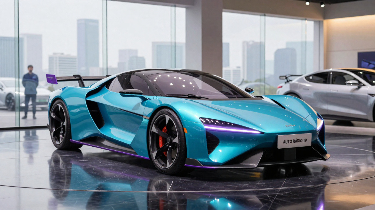 Carro desportivo azul metálico com detalhes roxos exposto em salão automóvel com vidro panorâmico.