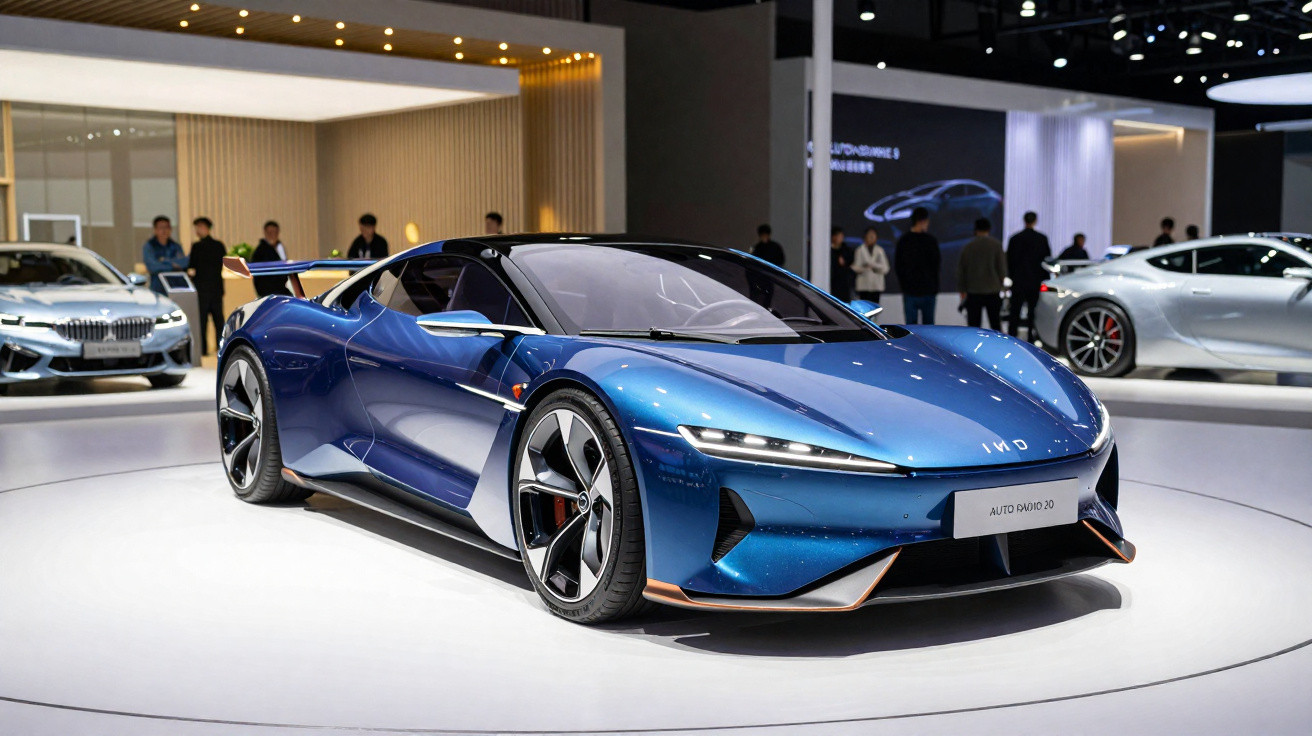 Carro desportivo elétrico azul exibido em stand de salão automóvel com pessoas ao fundo.