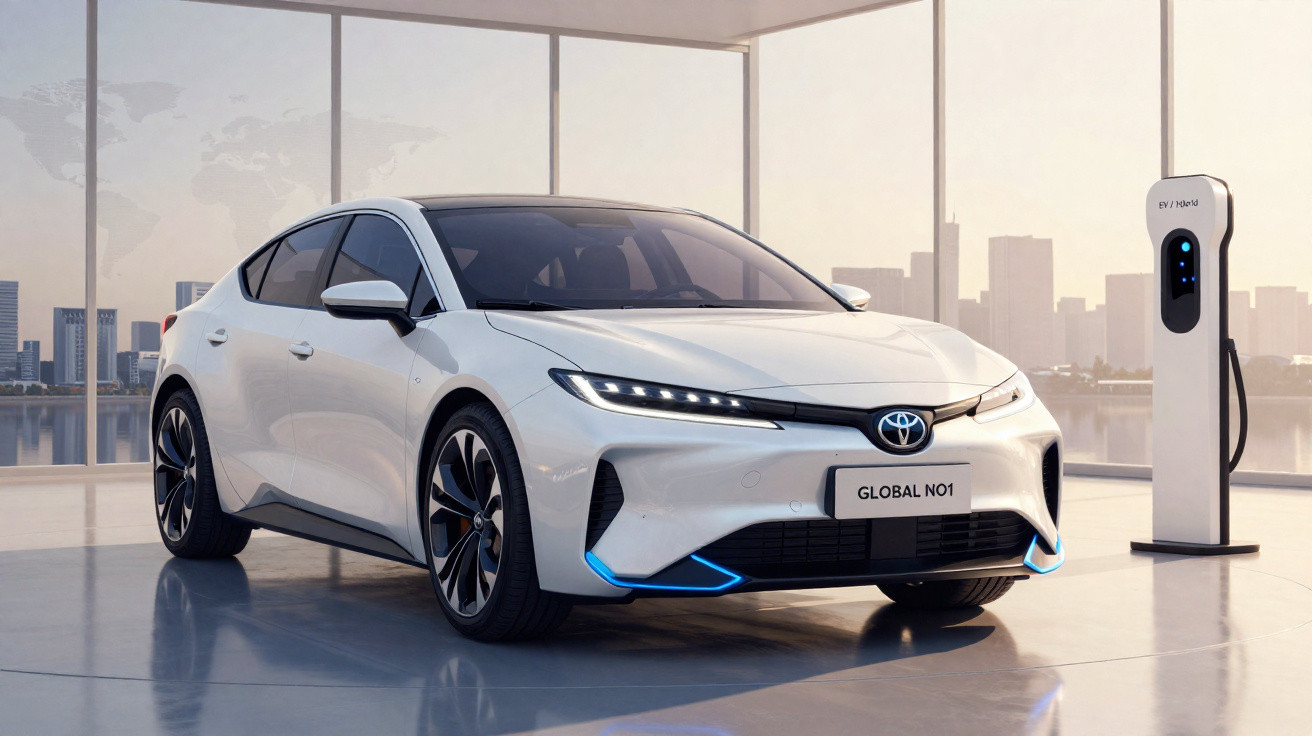 Carro elétrico branco Toyota estacionado em espaço moderno com carregador elétrico ao lado.
