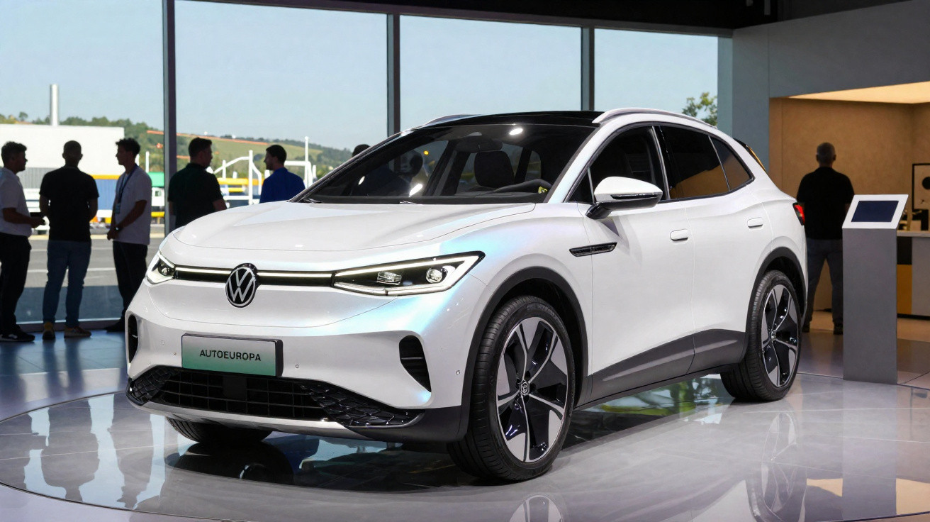 Carro elétrico Volkswagen branco exposto em showroom moderno com luz natural e pessoas ao fundo.