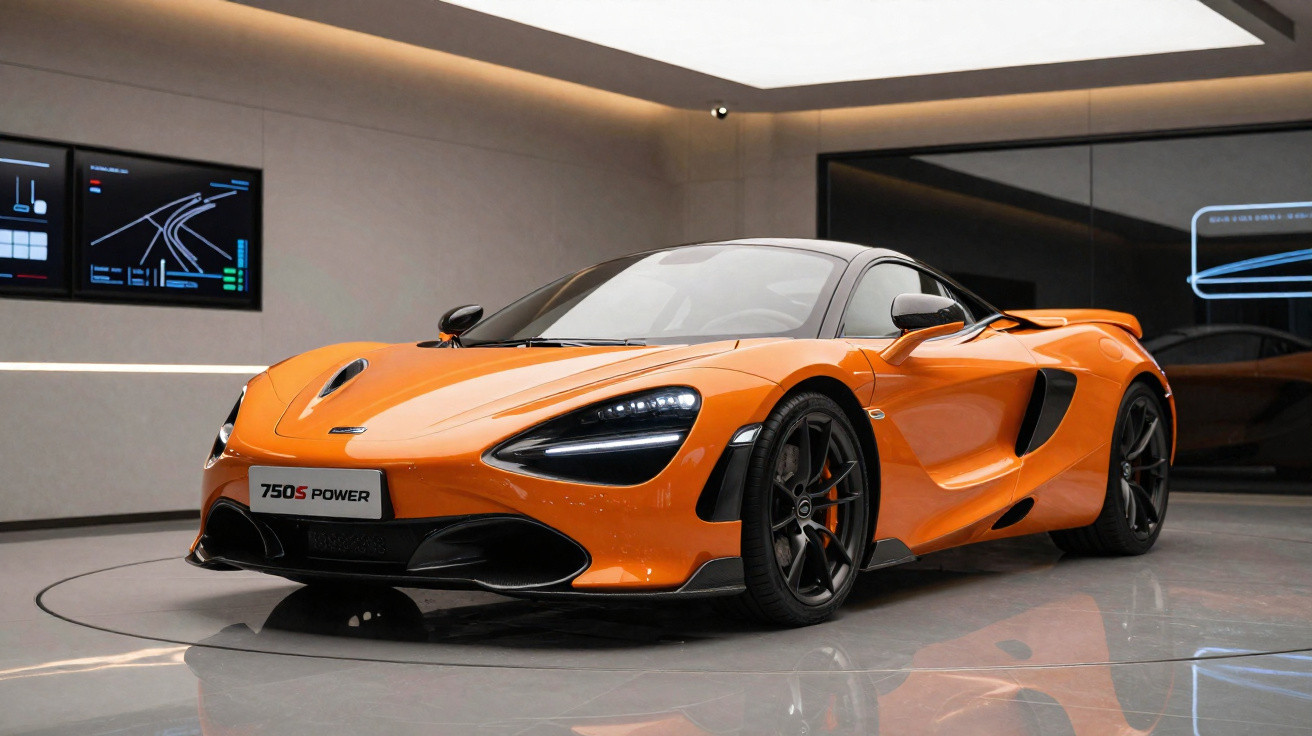 Carro desportivo McLaren 750S Power laranja brilhante em exposição num showroom moderno.