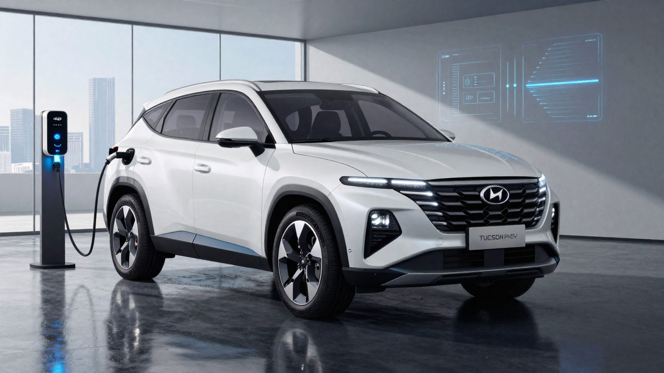 Carro elétrico branco Hyundai Tucson PHEV a carregar numa estação de carregamento moderna num espaço interior.