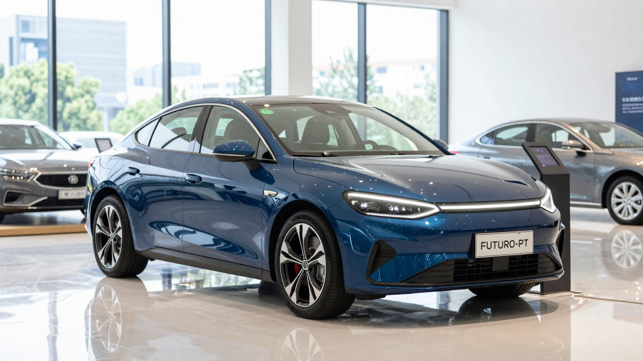 Carro elétrico azul exibido em interior de concessionária com piso brilhante e janelas grandes.