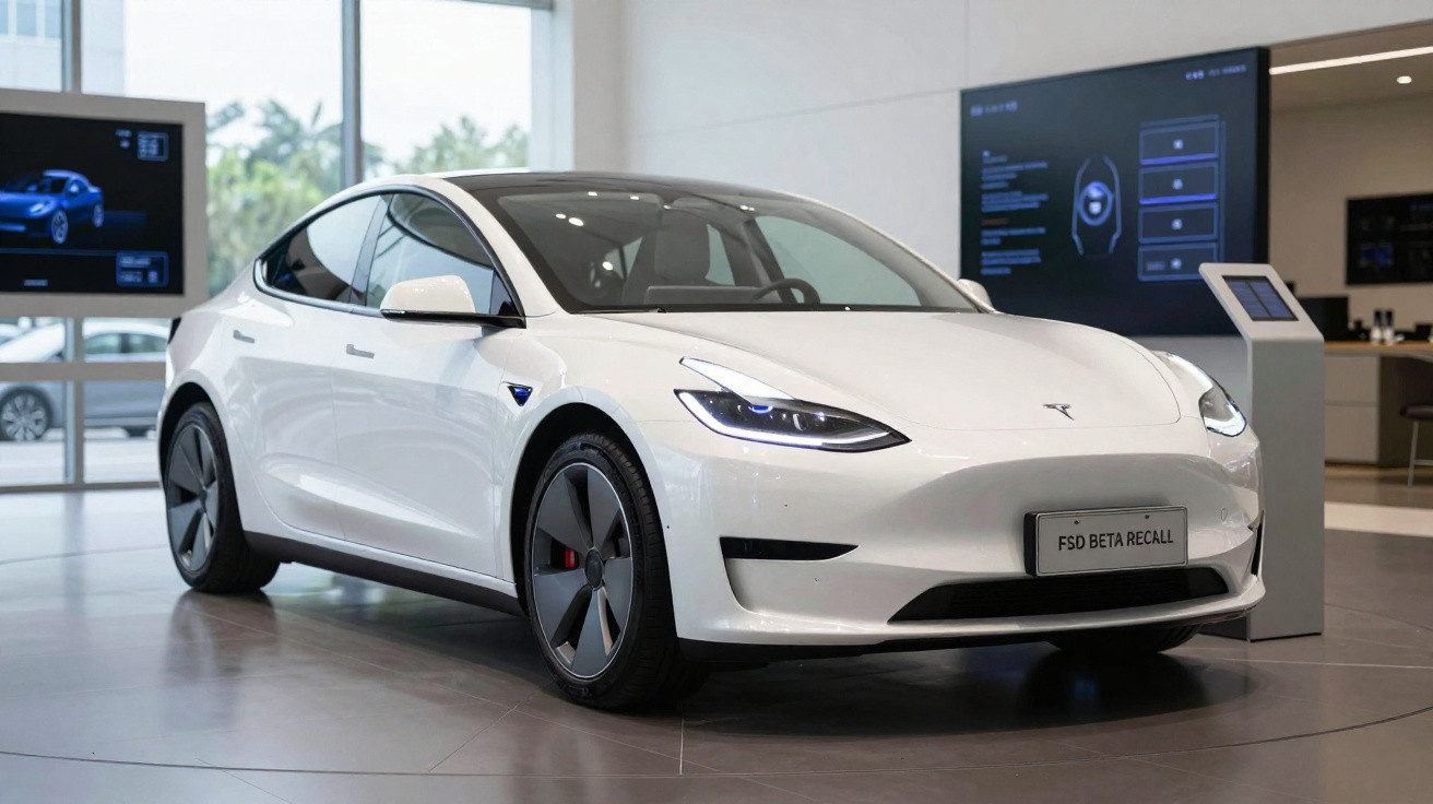 Carro elétrico Tesla branco em exposição moderna com painéis digitais ao fundo.