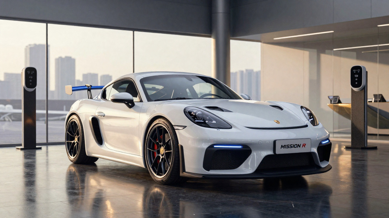 Carro desportivo branco Porsche Mission R estacionado em interior moderno com grande janelas e postes de carregamento.