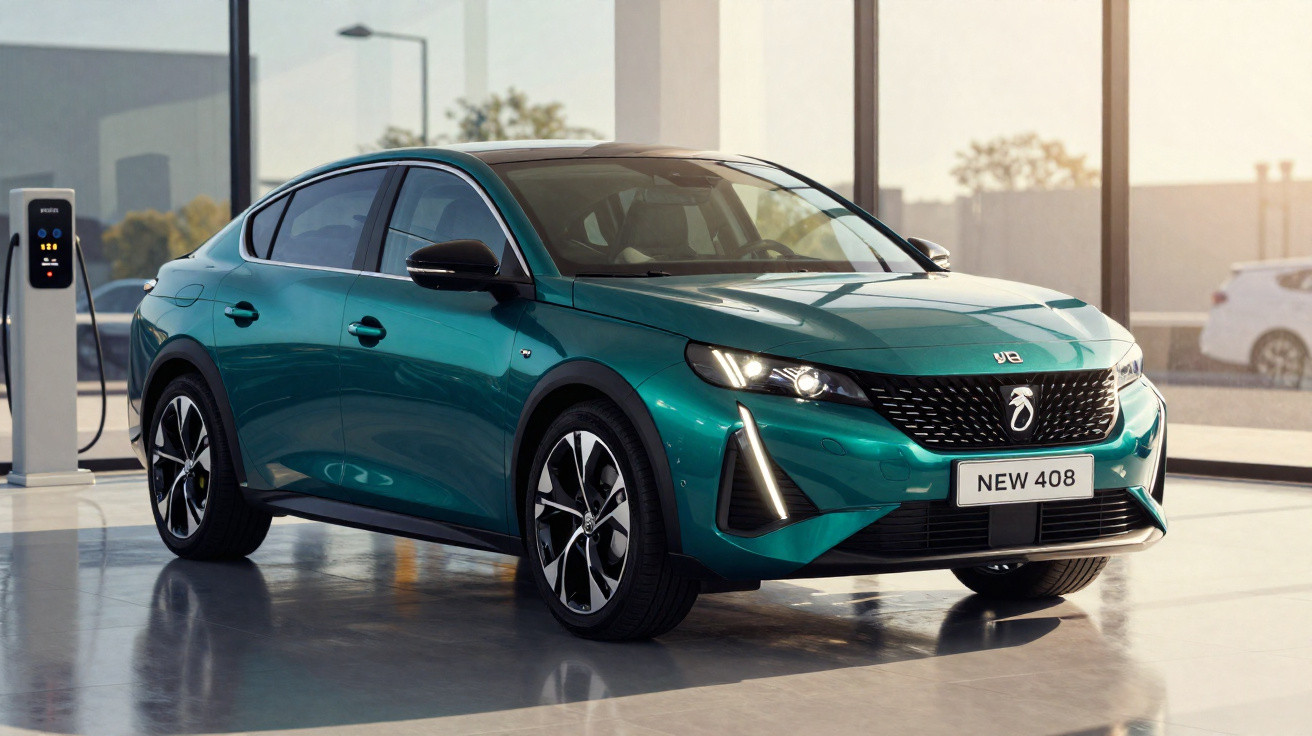 Carro elétrico verde novo modelo 408 estacionado dentro de uma garagem moderna com estação de carregamento.