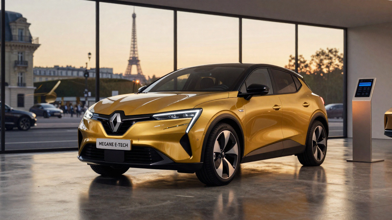 Carro elétrico Renault Megane E-Tech dourado em salão com vista para a Torre Eiffel ao fundo.