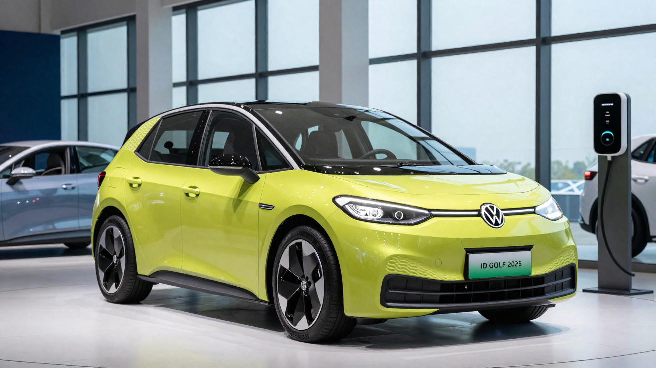 Carro elétrico Volkswagen ID Golf 2025 amarelo exposto numa sala com janelas grandes e postos de carregamento.