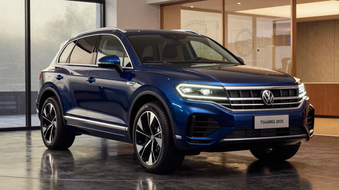 Volkswagen Touareg 2025 azul estacionado em salão moderno com chão refletor e paredes de vidro e madeira.