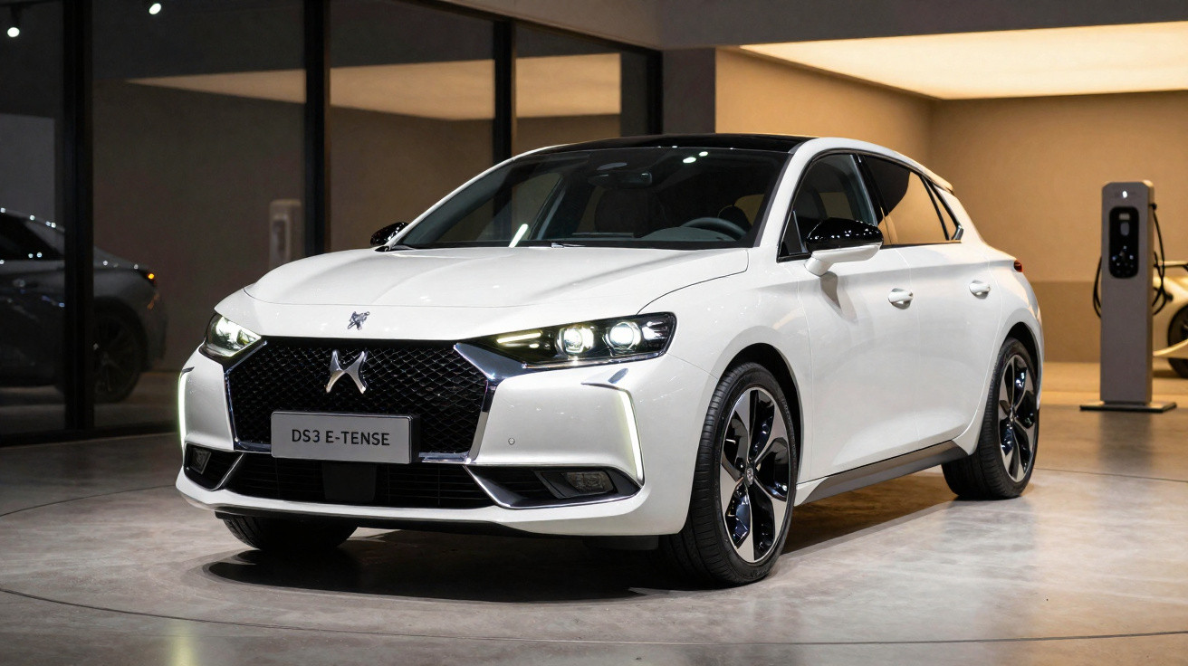 Carro elétrico DS 3 E-Tense branco estacionado em ambiente moderno e iluminado.