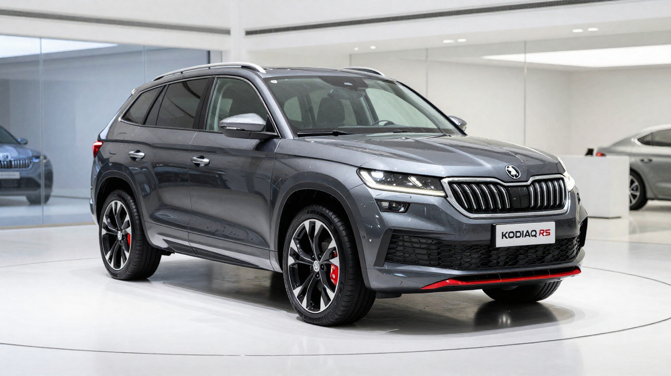 SUV Škoda Kodiaq RS cinzento estacionado em ambiente interior moderno e luminoso.