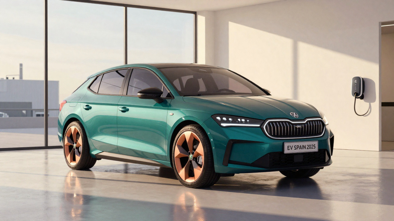 Carro elétrico verde com jantes cobre estacionado numa garagem moderna com carregador de parede.