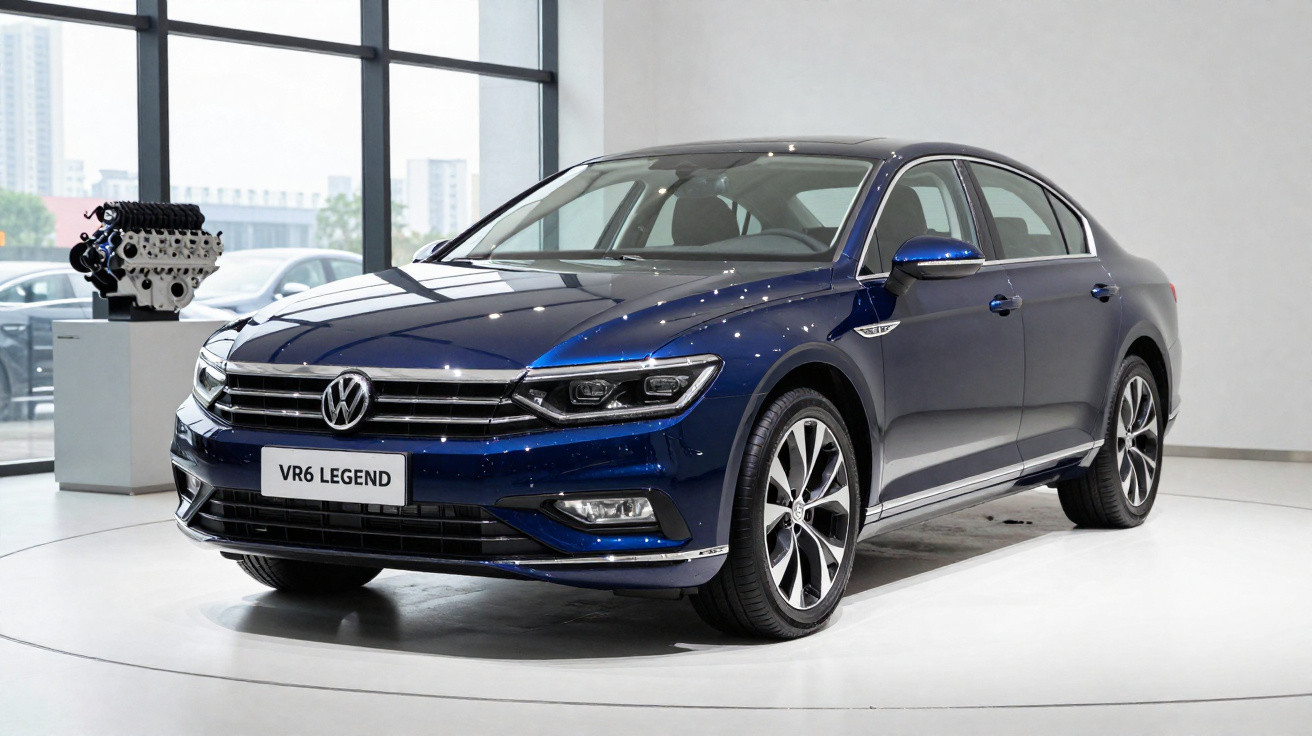 Carro Volkswagen VR6 Legend azul, sedan, em exposição num espaço moderno e iluminado.