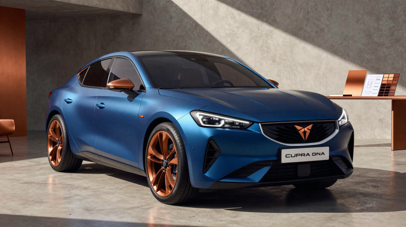 Carro elétrico Cupra Born azul com detalhes em bronze, estacionado em interior moderno com iluminação natural.