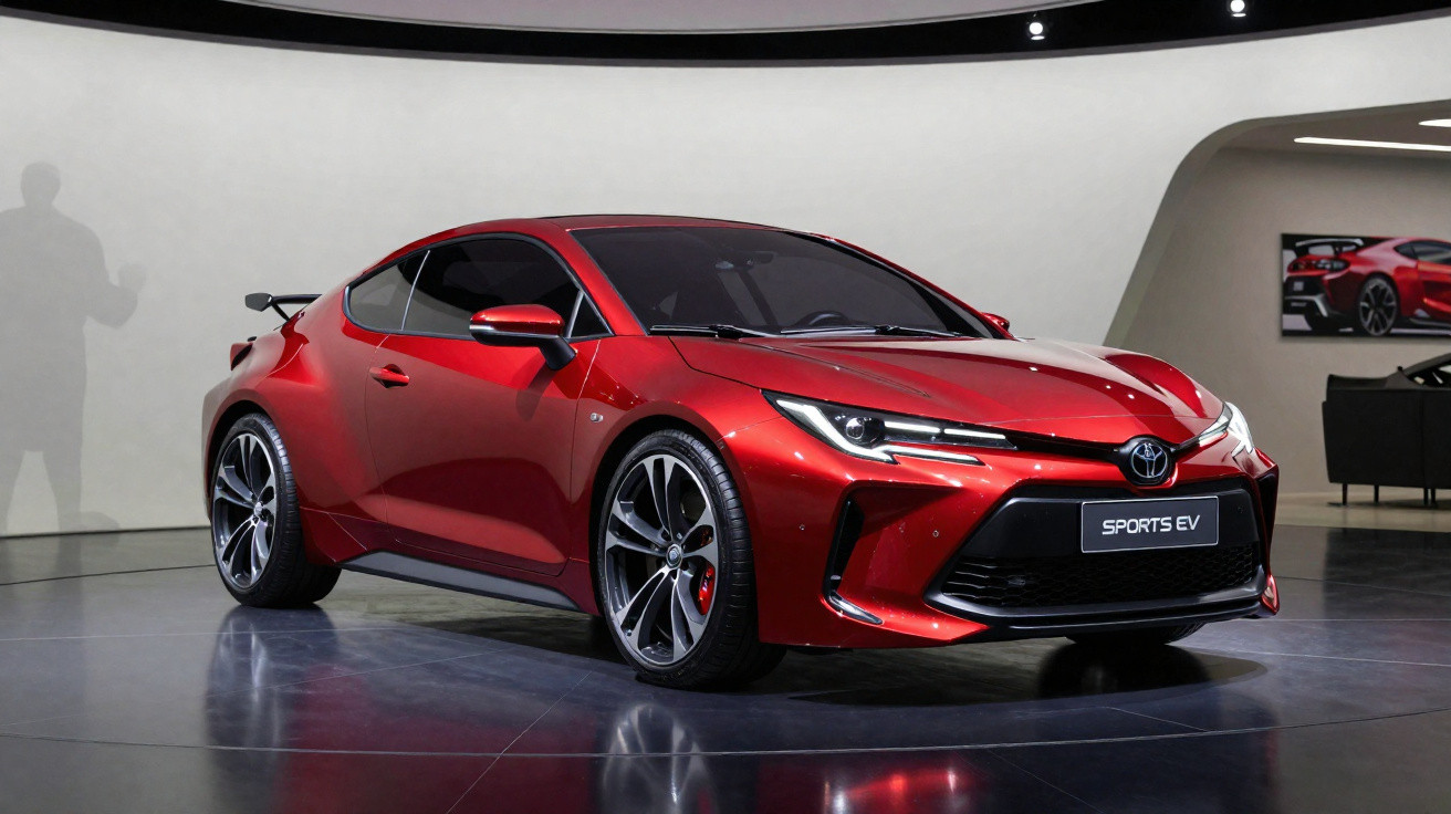Carro desportivo elétrico vermelho Toyota Sports EV em exposição num salão moderno.
