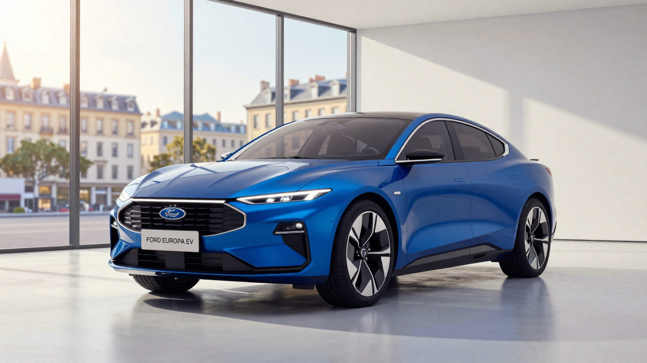 Carro elétrico azul Ford Europa EV estacionado em salão moderno com grandes janelas e vista urbana.