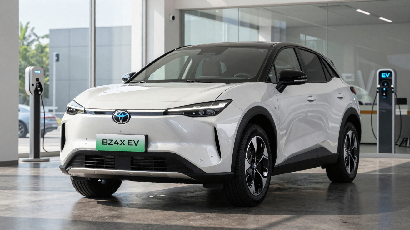 Carro elétrico Toyota BZ4X EV branco estacionado numa sala de exposição com postes de carregamento.