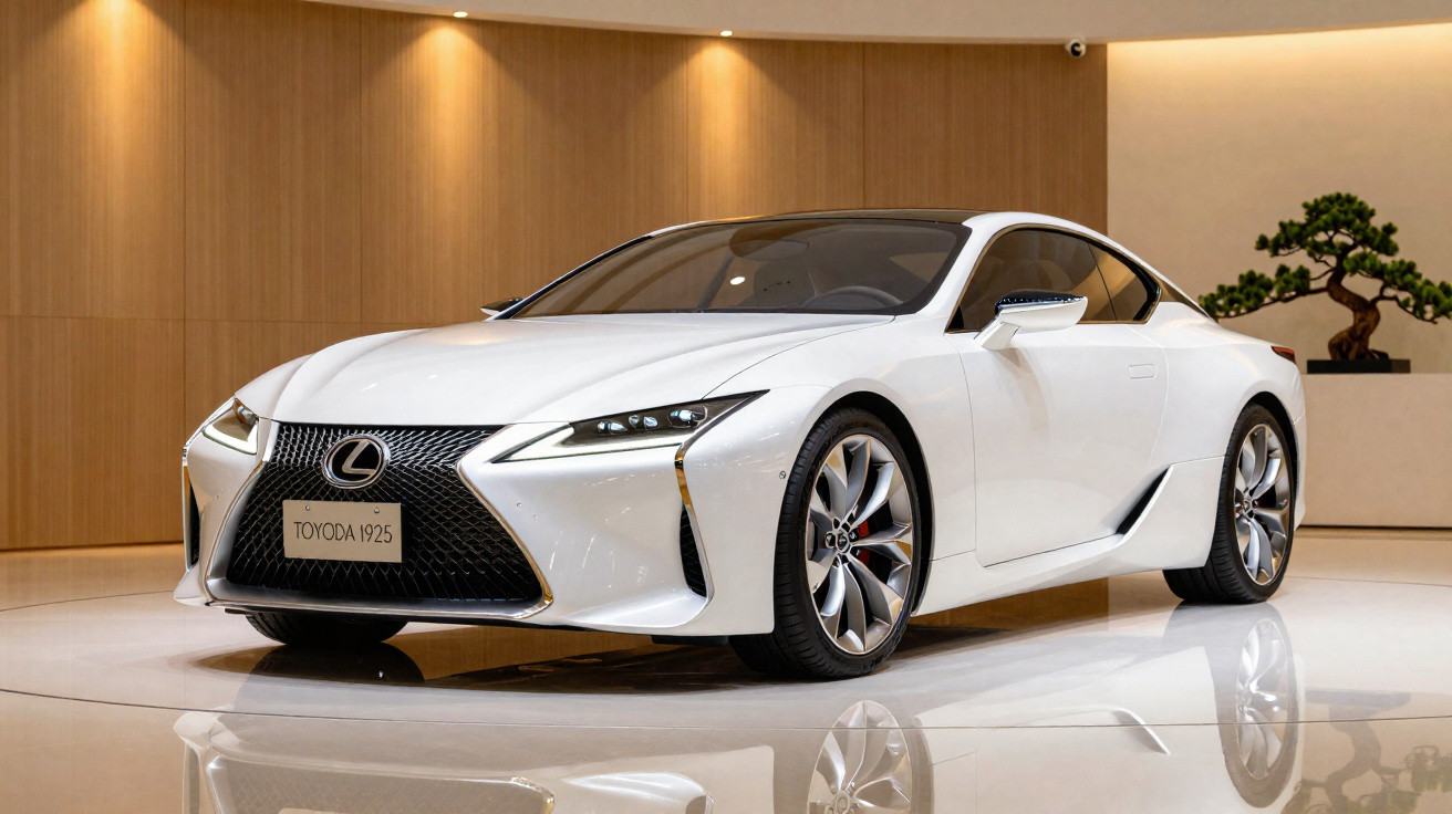 Carro desportivo branco Lexus estacionado em ambiente interno com paredes em madeira e planta decorativa.