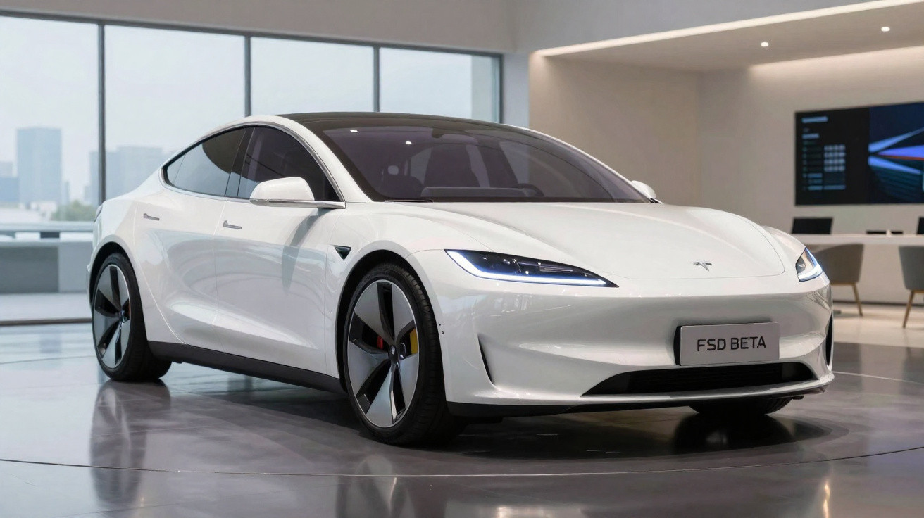 Automóvel elétrico Tesla branco modelo sedan exposto em showroom moderno e minimalista.