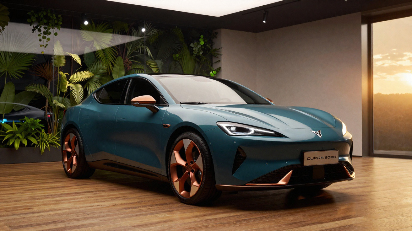 Carro elétrico Cupra Born azul com detalhes cor de bronze numa sala moderna com plantas e janela grande.