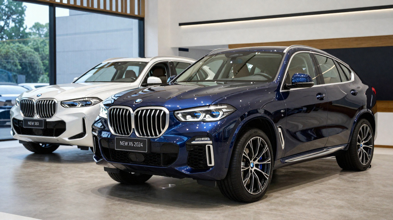 Duas viaturas BMW X6 2024, uma azul e outra branca, expostas numa sala moderna com piso cinzento.