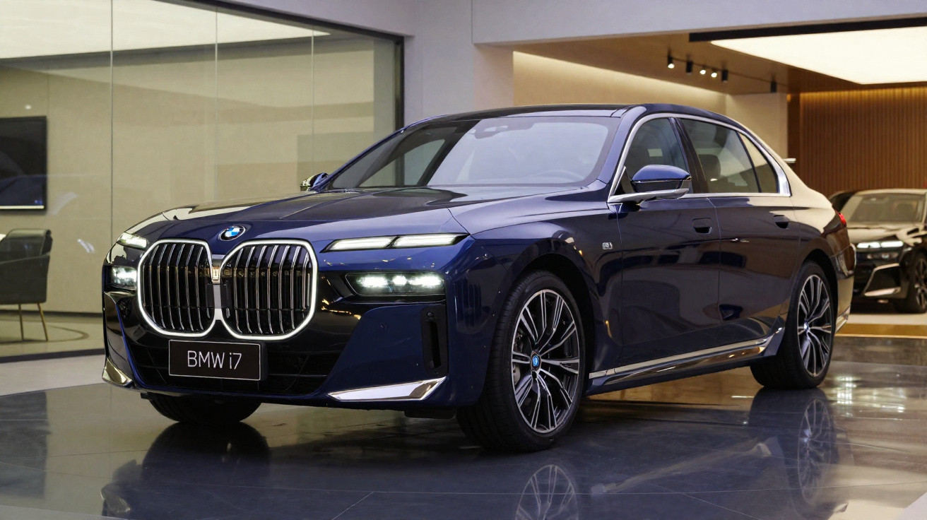 Carro BMW i7 azul escuro estacionado em interior moderno com iluminação suave.