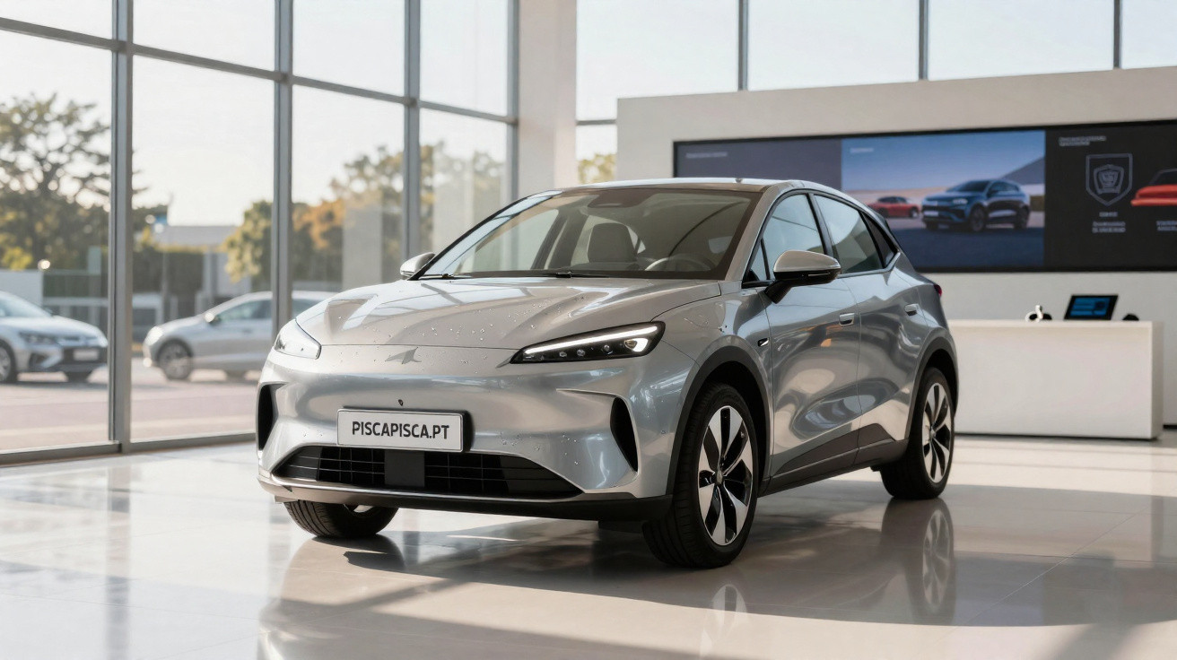 Carro elétrico cinza exposto numa sala de showroom com grandes janelas de vidro.