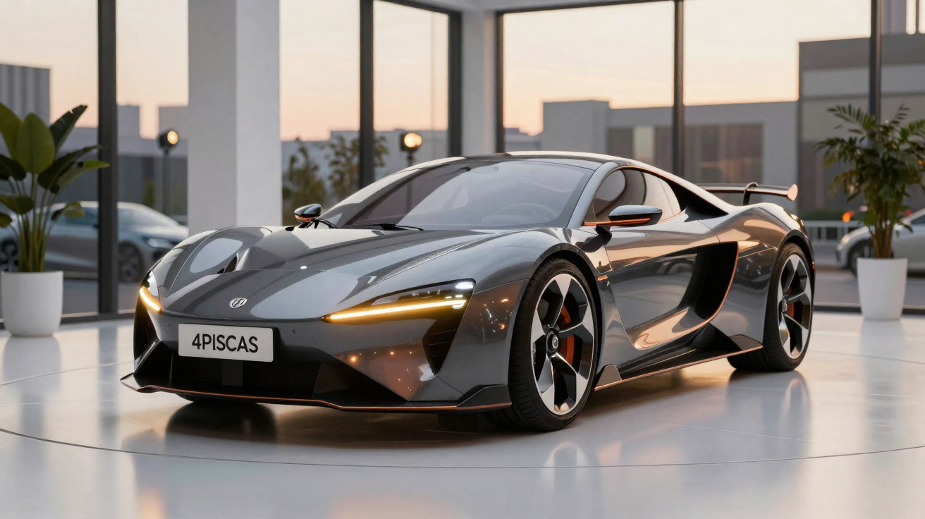 Carro desportivo cinzento metálico com faróis LED e design aerodinâmico exposto em espaço interior moderno.