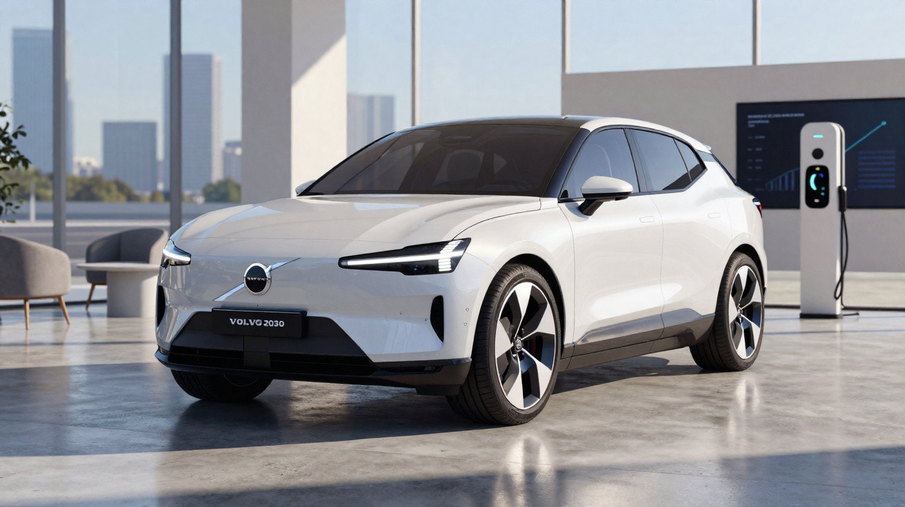 Carro elétrico branco Volvo elétrico modelo 2030 estacionado dentro de casa junto a um posto de carregamento.