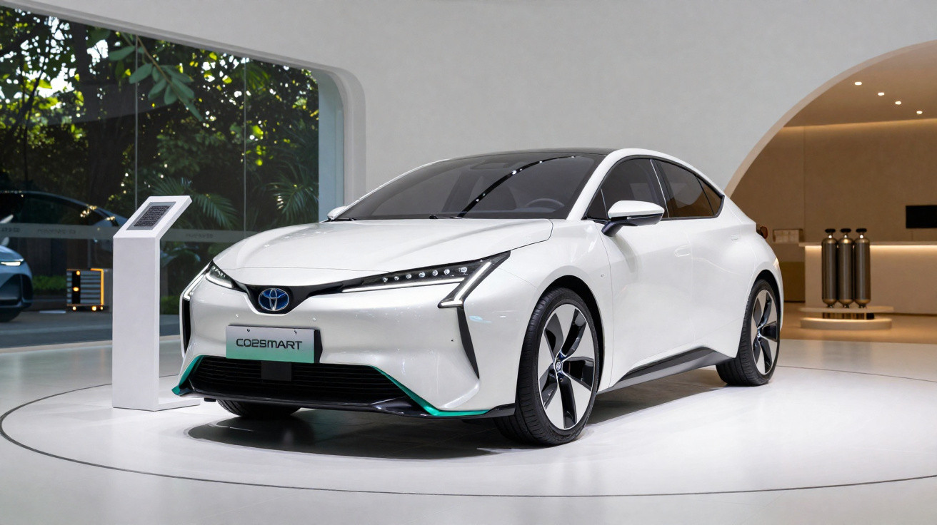 Carro elétrico branco moderno em exposição num showroom com ambiente minimalista e iluminação suave.