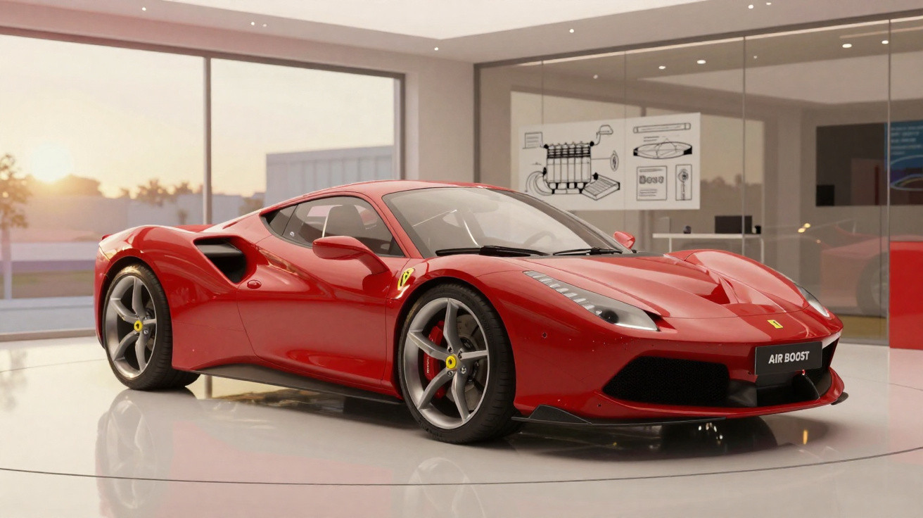 Carro desportivo Ferrari vermelho estacionado num salão moderno com luz natural.
